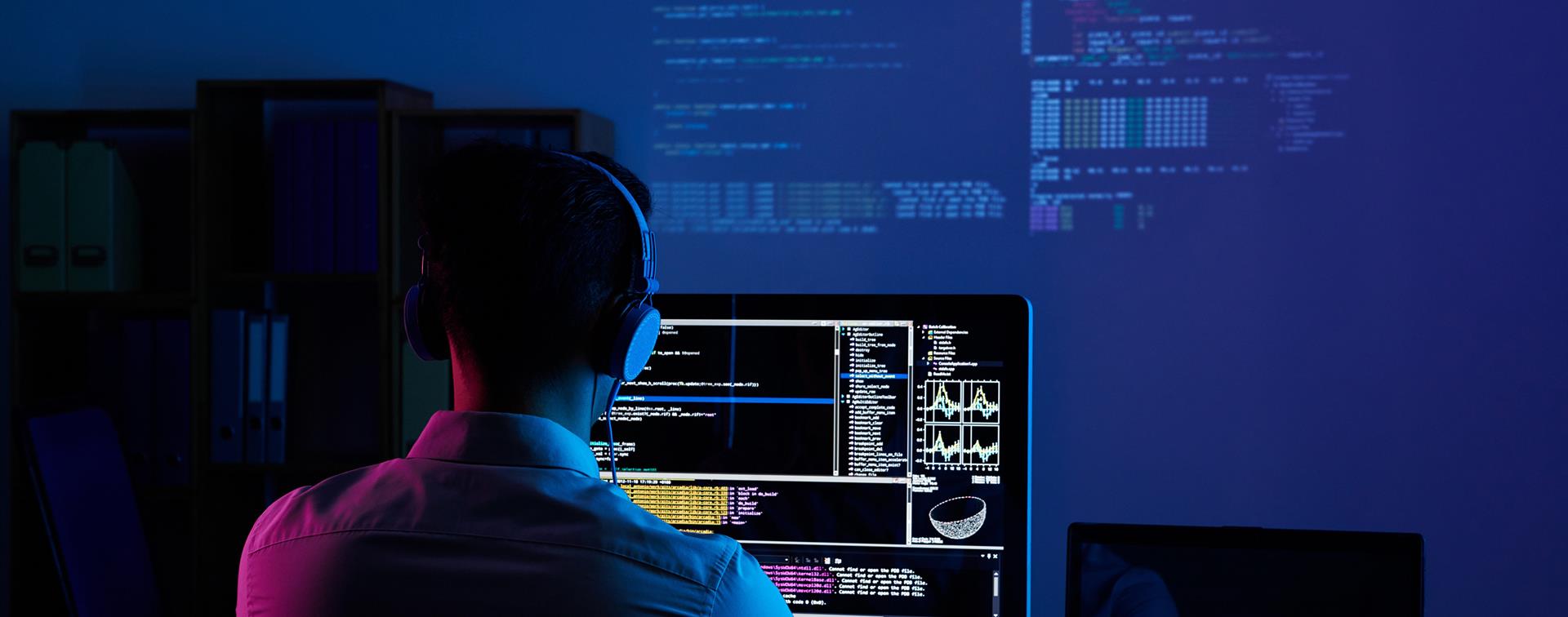 A person sitting in front of the computer writing codes