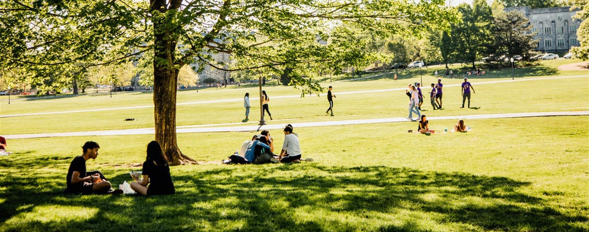 Photo of students sitting on a quad at Virginia Tech on a warm, sunny day.
